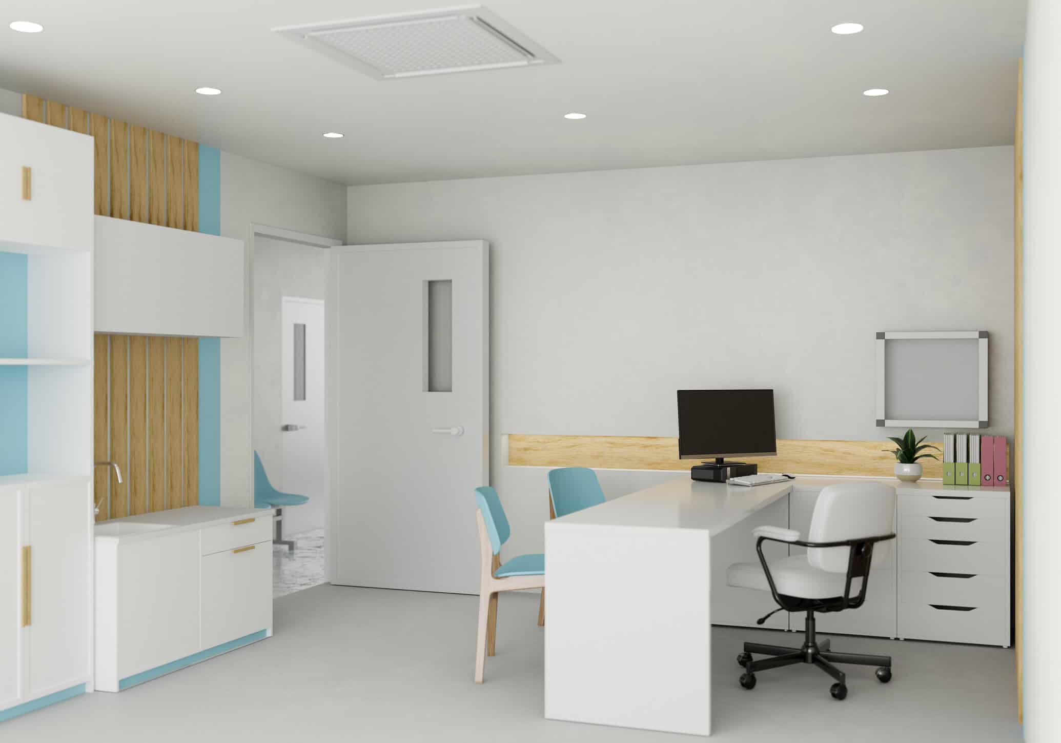 Modern white and bright doctor office or medical office interior design with computer on doctor office desk, files cabinet, and decor. 3d rendering, 3d illustration